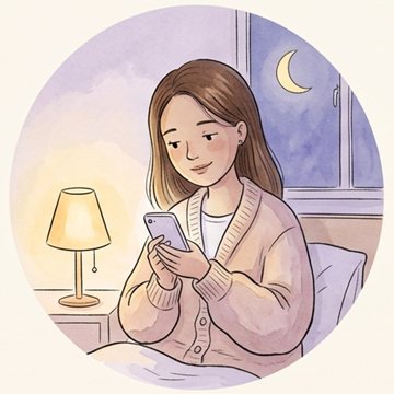 Ilustração de uma mãe à noite, com abajur aceso, olhando o celular com pouca luz