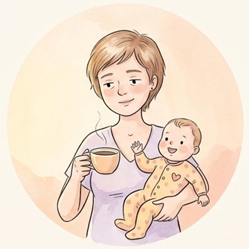 Ilustração de uma mãe de manhã cedo, com uma xícara de café e o bebê acordado no braço