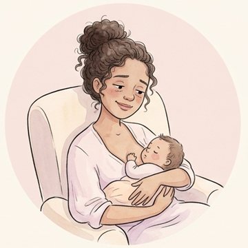 Ilustração de uma mãe sentada na poltrona com o bebê dormindo no colo
